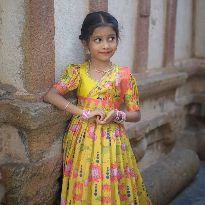 Ugadi Special Attach Dupatta kids Gown Silk Yellow Designer kids clothes wholesale